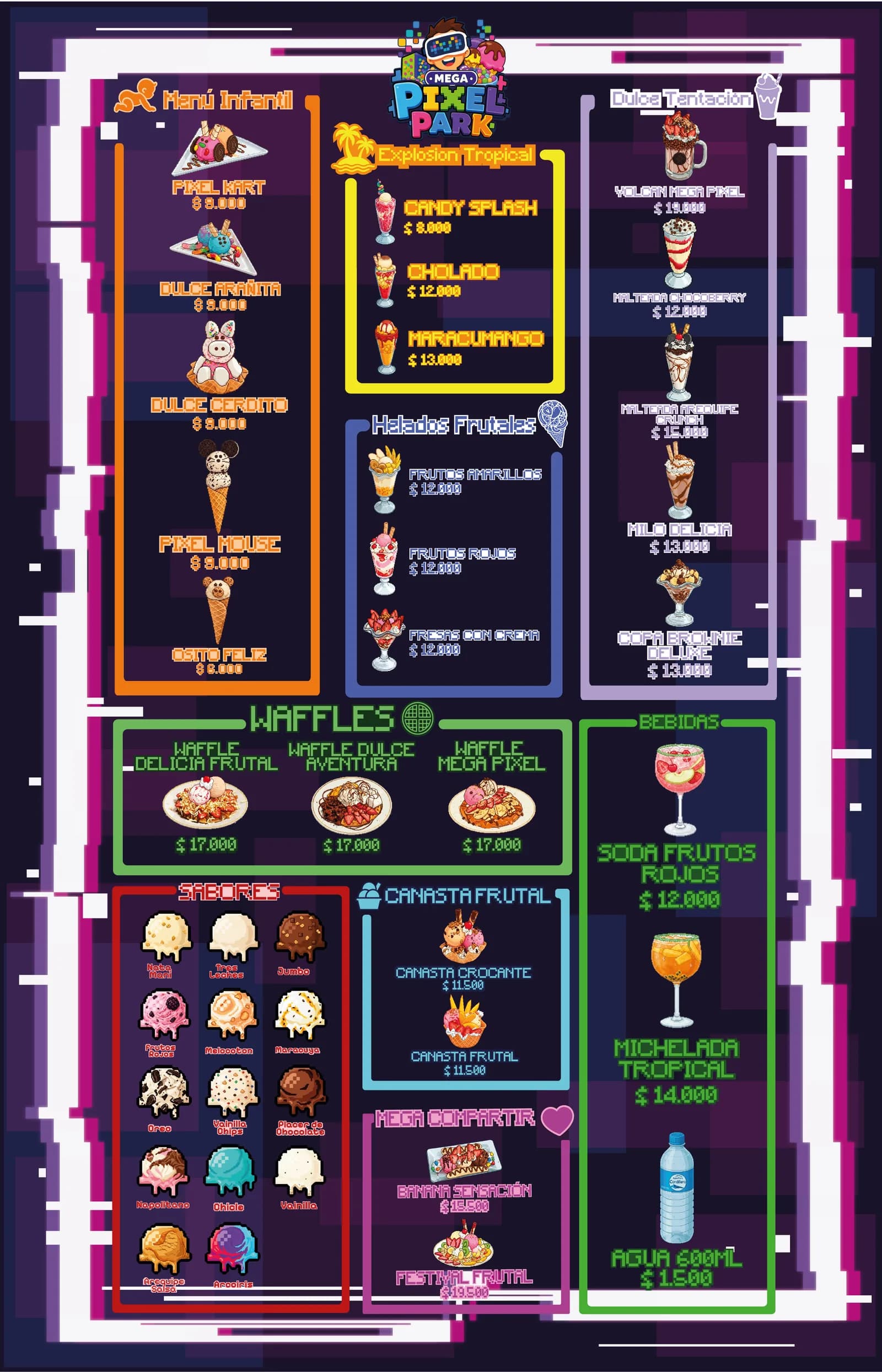 Menú de Mega Helados: menú infantil, explosión tropical, helados frutales, dulce tentación, waffles, canasta frutal, mega compartir, bebidas y catorce sabores de helado.