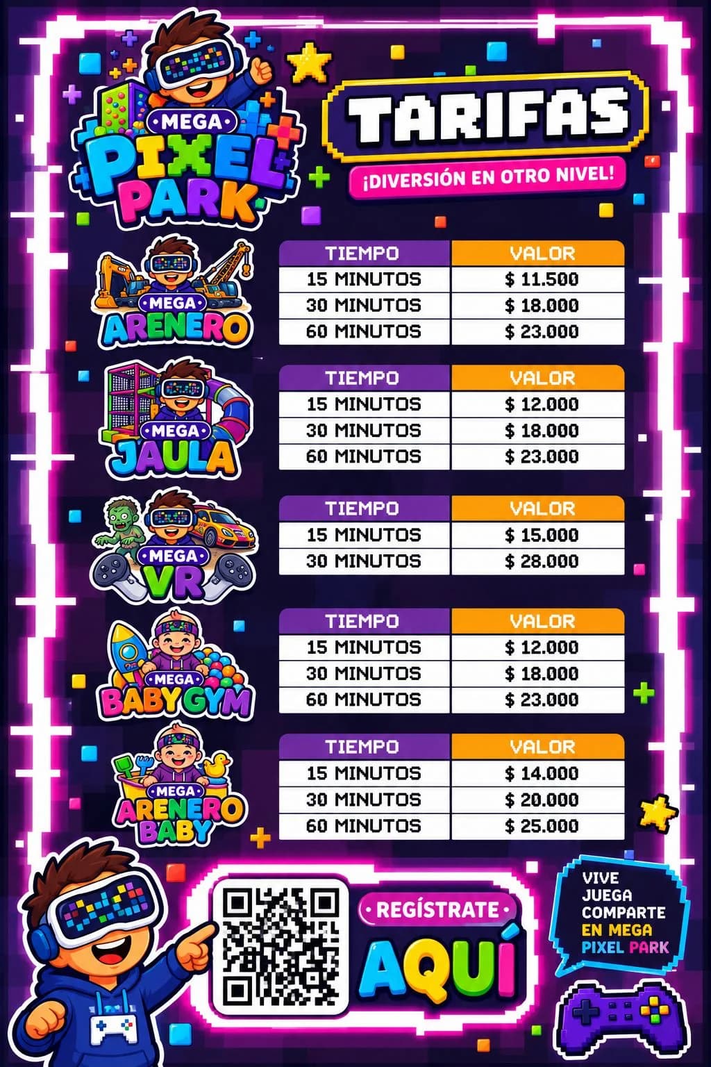 Tarifas por zona y tiempo: Mega Arenero desde $11.500 los 15 minutos, Mega Jaula desde $12.000, Mega VR desde $15.000, Mega Baby Gym desde $12.000 y Mega Arenero Baby desde $14.000.